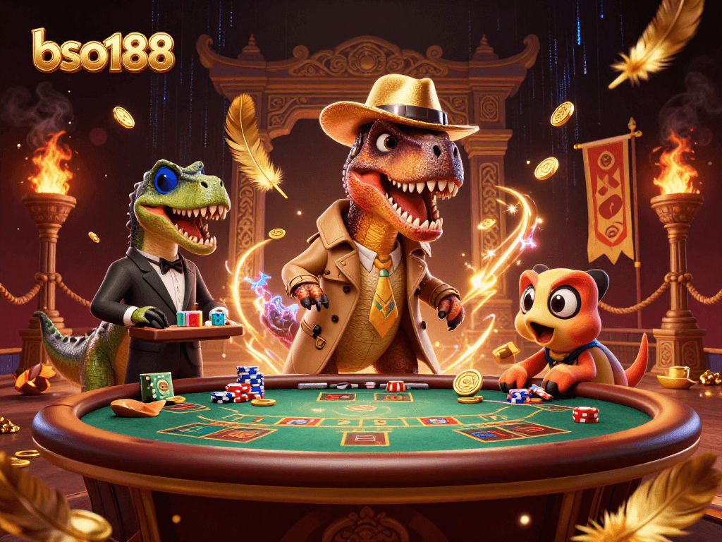 bso188 cartoon velociraptor card counter at blackjack table, with stegosaurus pit boss and compy pickpocket