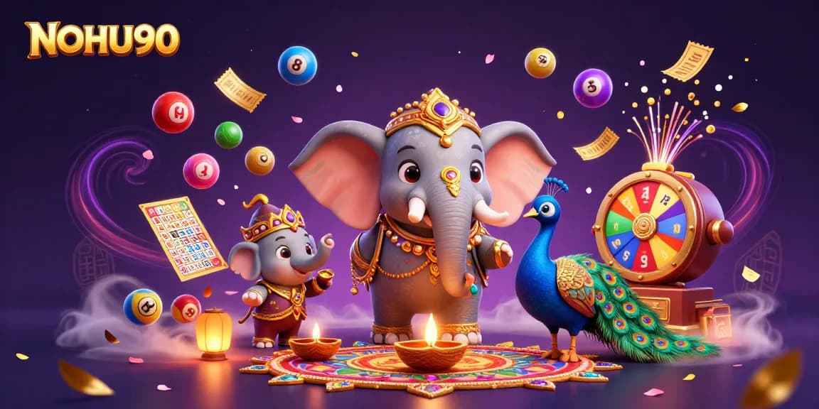 Engage with NOHU90's vibrant gaming world featuring a Diwali-themed elephant and peacock amidst casino activities.