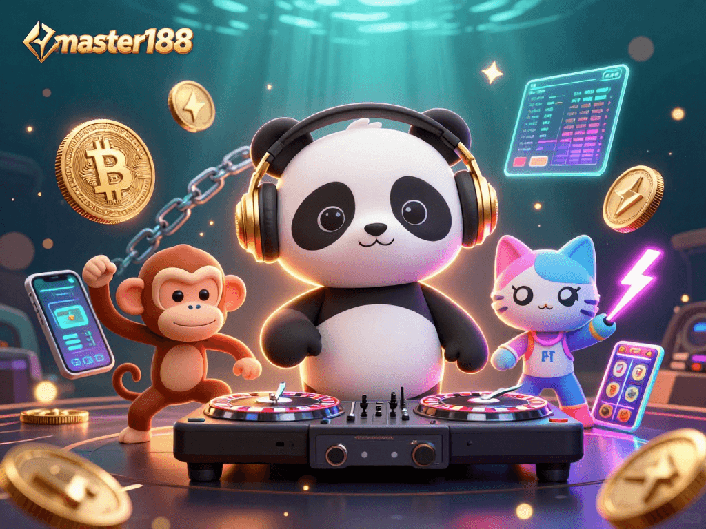 Experience thrilling gameplay at master188 with vibrant 3D characters and crypto-themed casino elements.