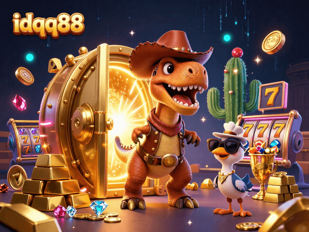Spin the reels and win big at idqq88 with a vibrant illustration of a cowboy dinosaur in a casino scene.