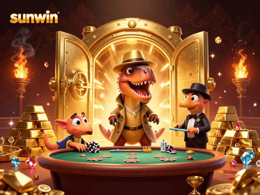Join the excitement at sunwin with cartoon characters in a bustling casino scene, showcasing thrilling card games.