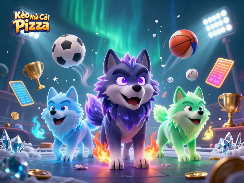 Bet with Kèo Nhà Cái Pizza in this energetic scene featuring ghostly wolves and vibrant sports elements.
