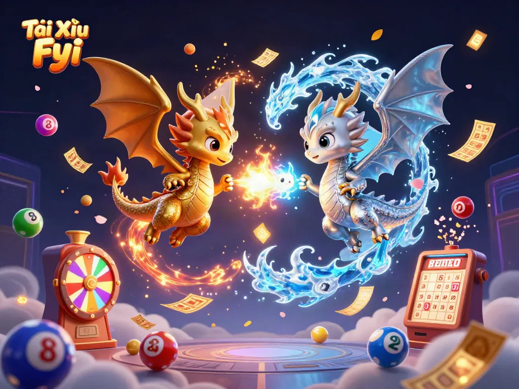 Tài Xỉu Fyi showcases a magical duel between gold and silver dragons amidst colorful game elements and vibrant energy.