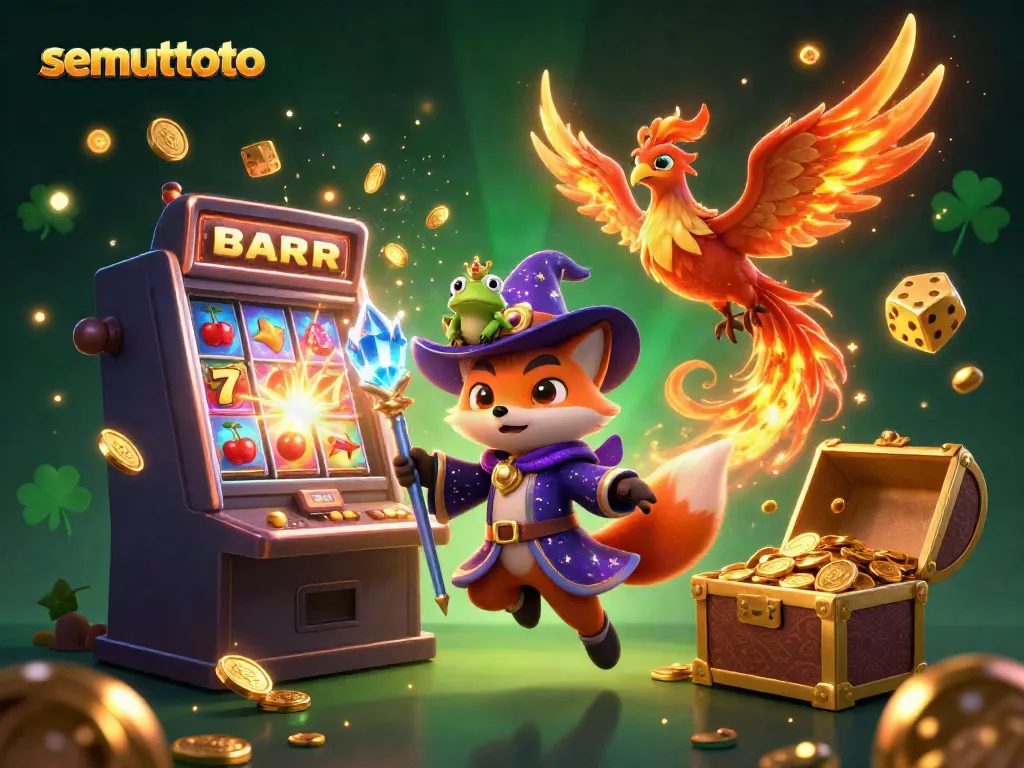 Permainan semuttoto dengan jackpot slot yang berkilauan dan karakter berwarna-warni yang menampilkan sihir kasino