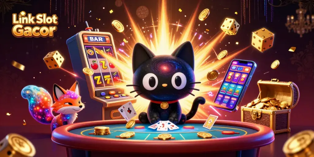 Experience exciting wins with Link Slot Gacor in this vibrant casino-themed illustration.
