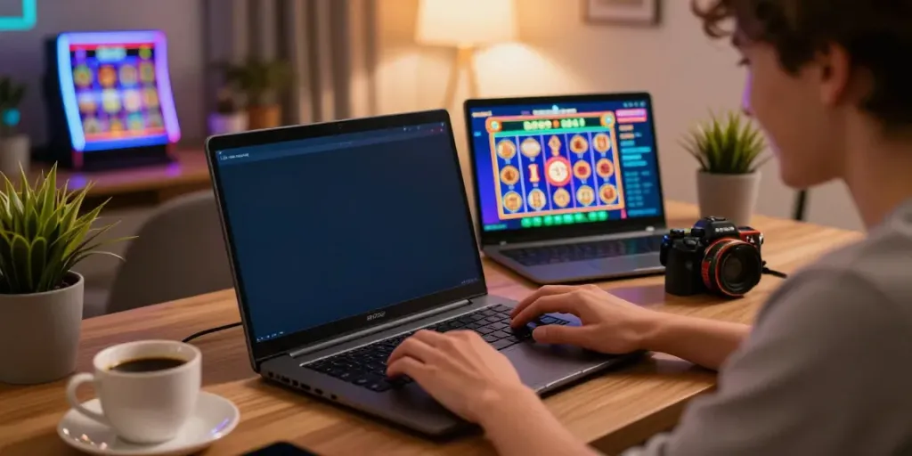 Pengguna bahagia bermain judi online di laptop dengan tampilan slot betslots88 di ruang tamu yang hangat.