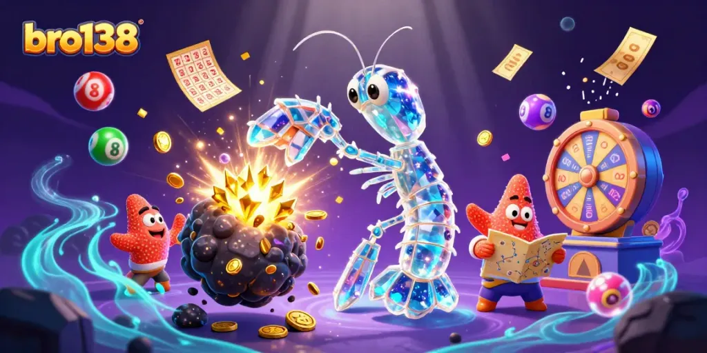Engage with bro138 in a vibrant scene of galactic gambling excitement with treasure-filled asteroids and lottery fun.