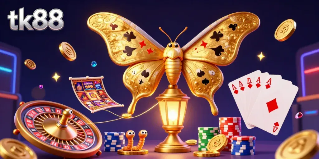 Engage with the vibrant casino scene featuring rich details, showcasing tk88 amidst gold coins and a roulette wheel.