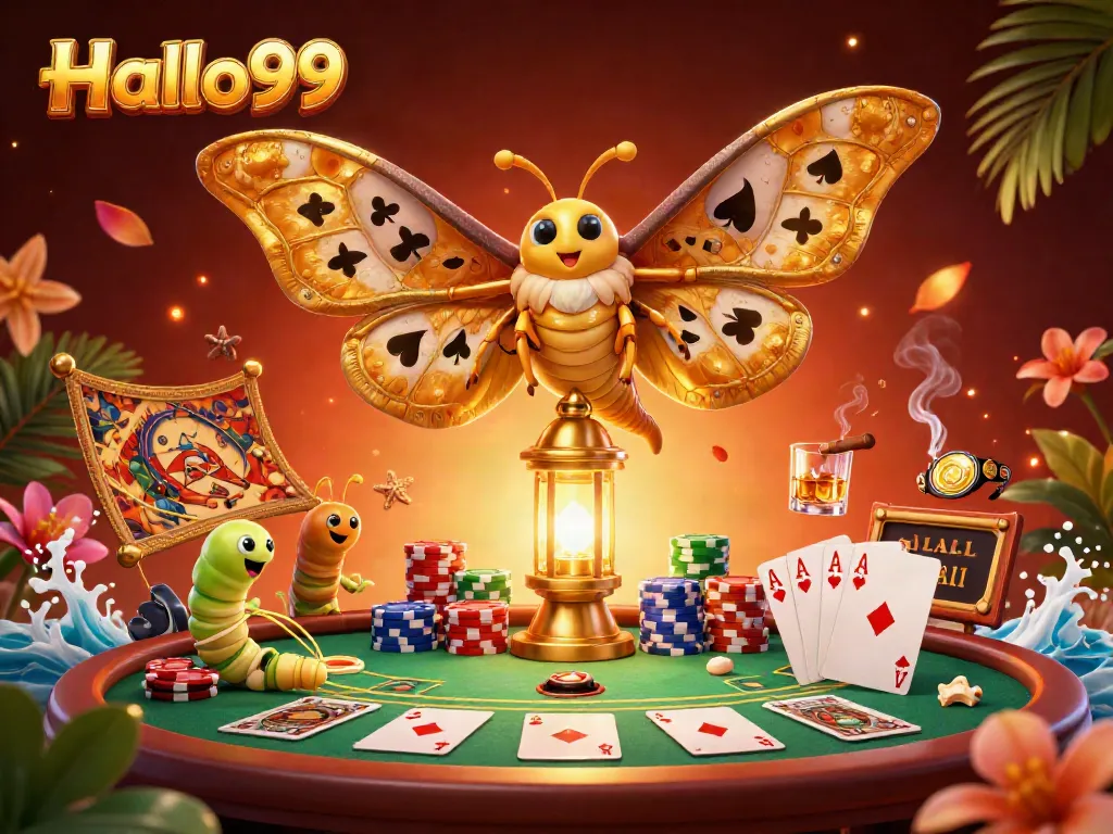 Experience Halo99 with a vibrant scene of poker action featuring a majestic atlas moth.