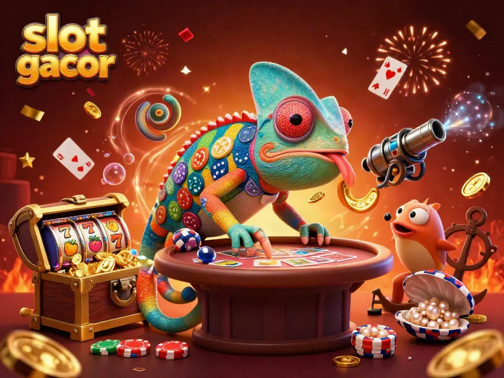 Experience the vibrant slot gacor world through dynamic casino illustrations featuring lucky symbols and treasures.
