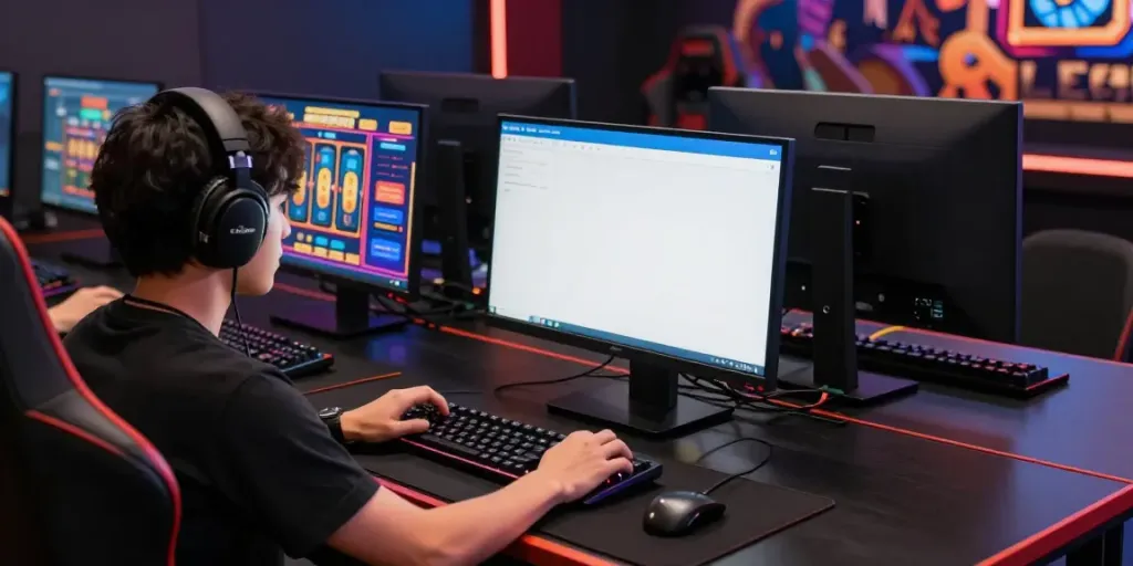 Pengguna AFKTOTO bermain Togel dan slot online dengan fokus, dikelilingi oleh perangkat gaming modern.