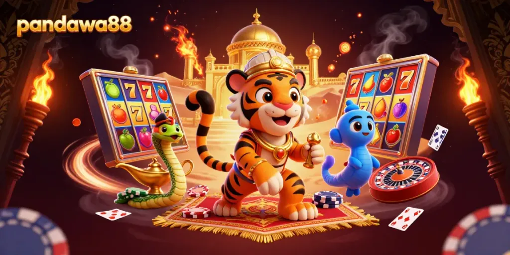 Menghadirkan pandawa88, sultan harimau yang menakjubkan dalam ilustrasi kasino dengan unsur slot dan roulette.