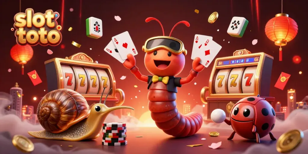 Experience the vibrant slot toto carnival with a millipede dealer, high-rollers, and festive symbols.