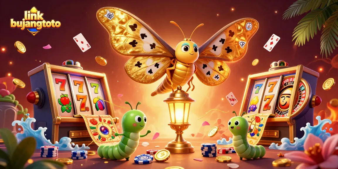 Engage with link bujangtoto through a vibrant 3D casino scene featuring gold and card-themed elements.