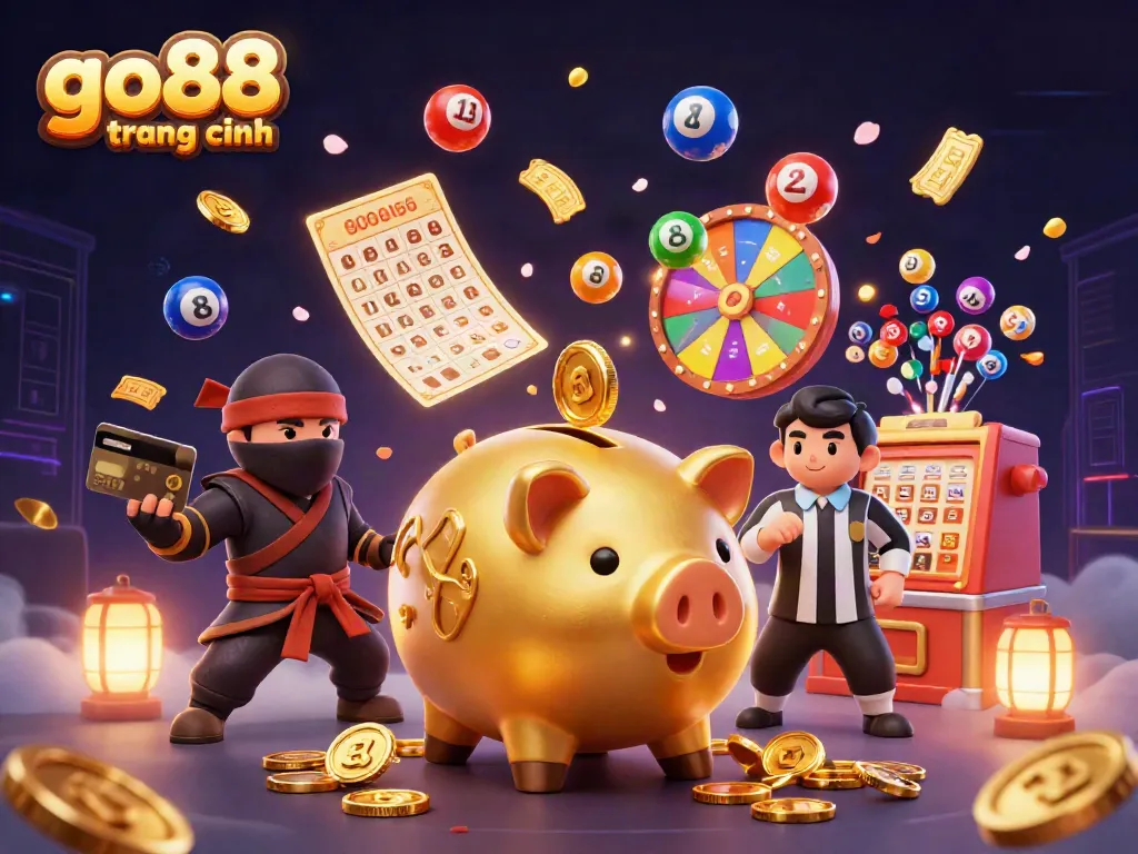 Engage with go88 trang chính through a vibrant casino scene featuring dynamic golden piggy bank and ninja characters.