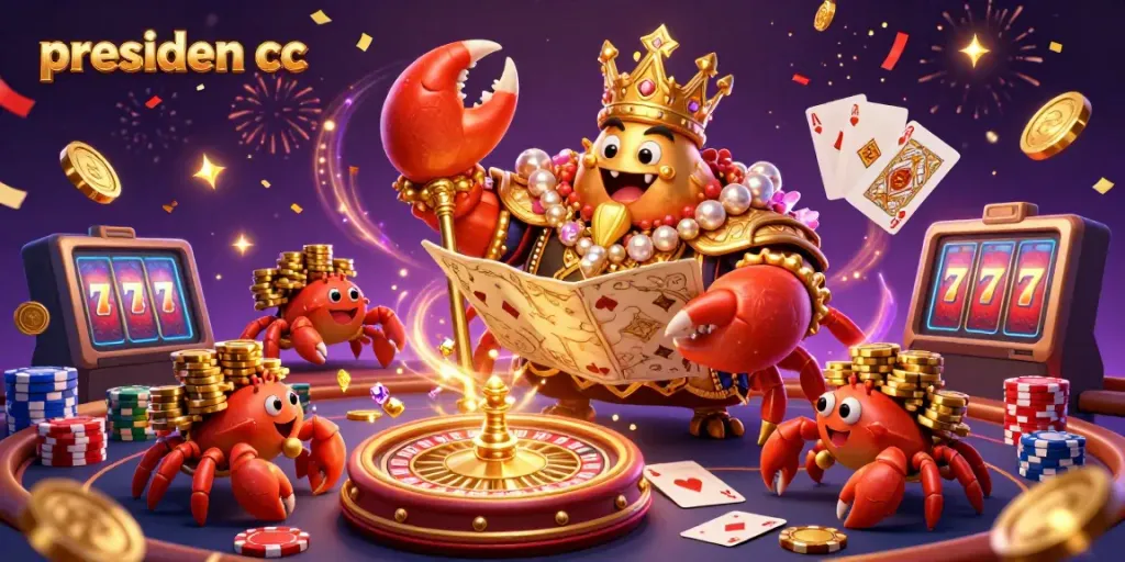 Experience the excitement of presiden cc with a vibrant 3D casino scene featuring a golden crab emperor and dynamic game elements.