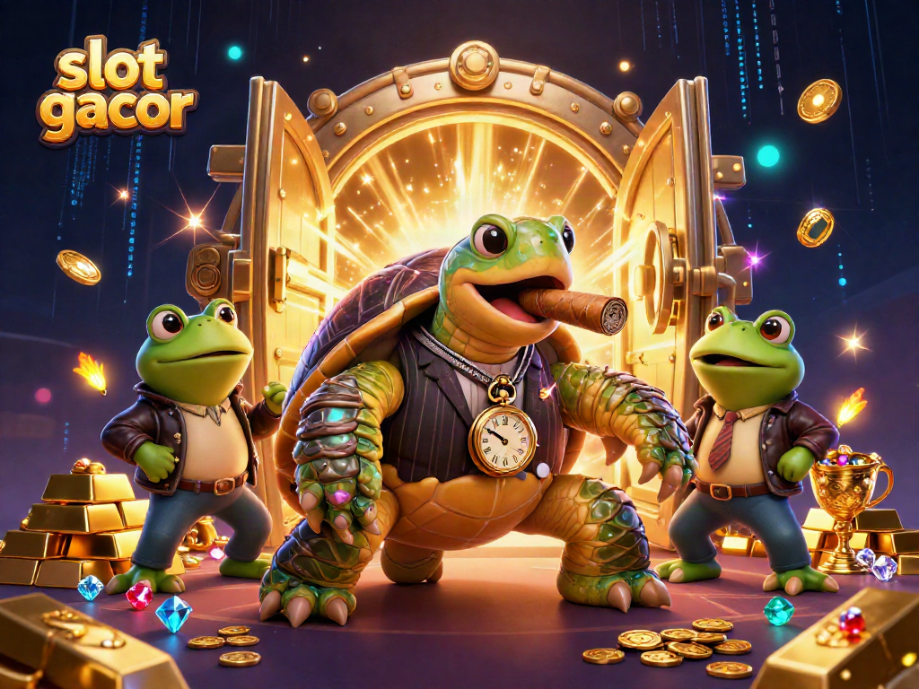 Experience thrilling slot gacor action with a cartoon snapping turtle mobster and bullfrog enforcers in a vibrant casino treasure scene.