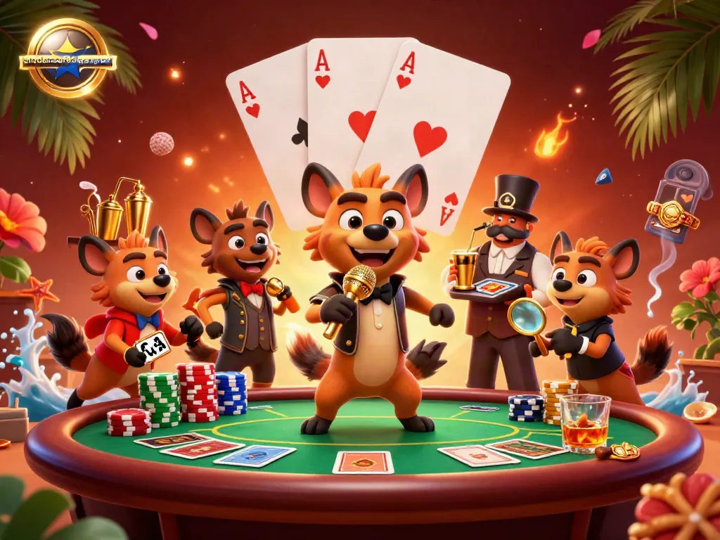 Gambarkan studentsofferingsupport dengan hyena yang tersenyum melakukan pertunjukan komedi di kasino, dikelilingi chip poker.
