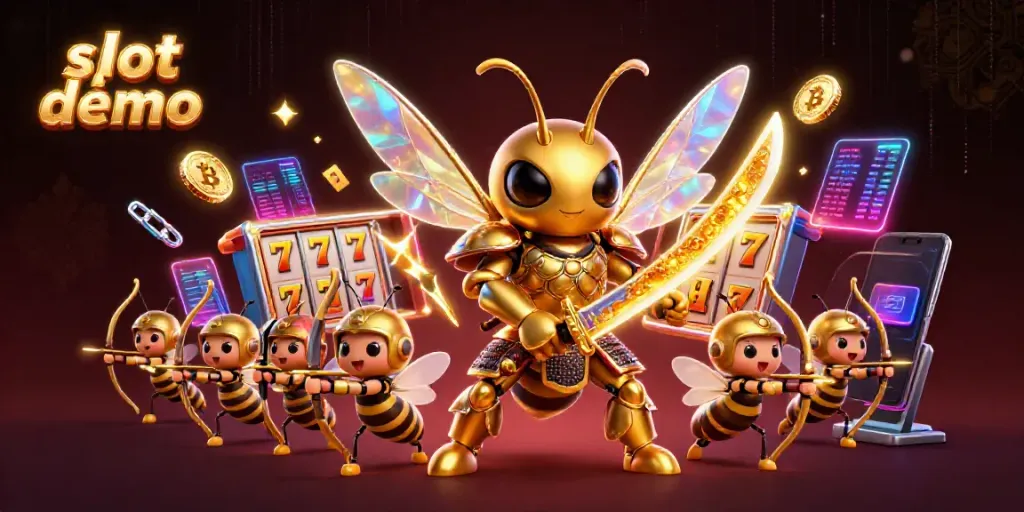 Slot demo interaktif dengan hornet emas dan simbol jackpot, menggugah minat pemain.