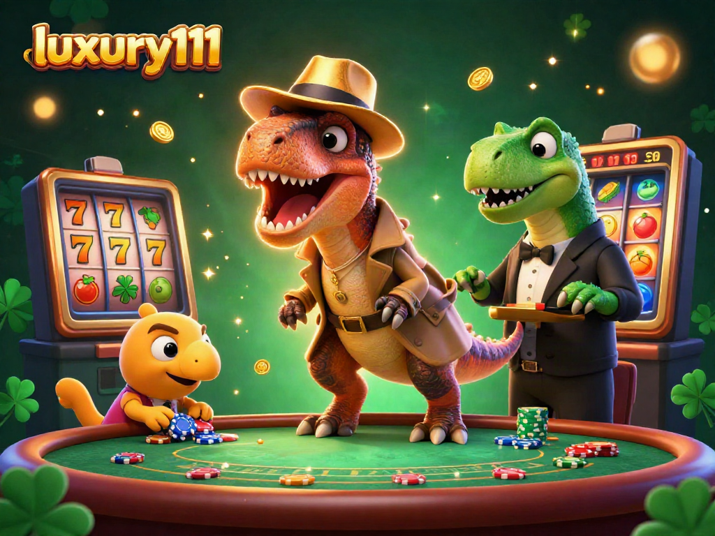 Experience luxury111 at the blackjack table with a dinosaur-themed casino scene filled with dynamic gaming action.