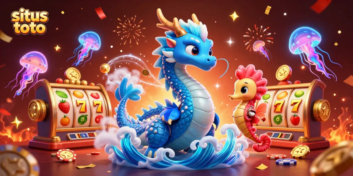 Play exciting games on situs toto with vibrant slot reels, captivating characters, and glowing jellyfish.