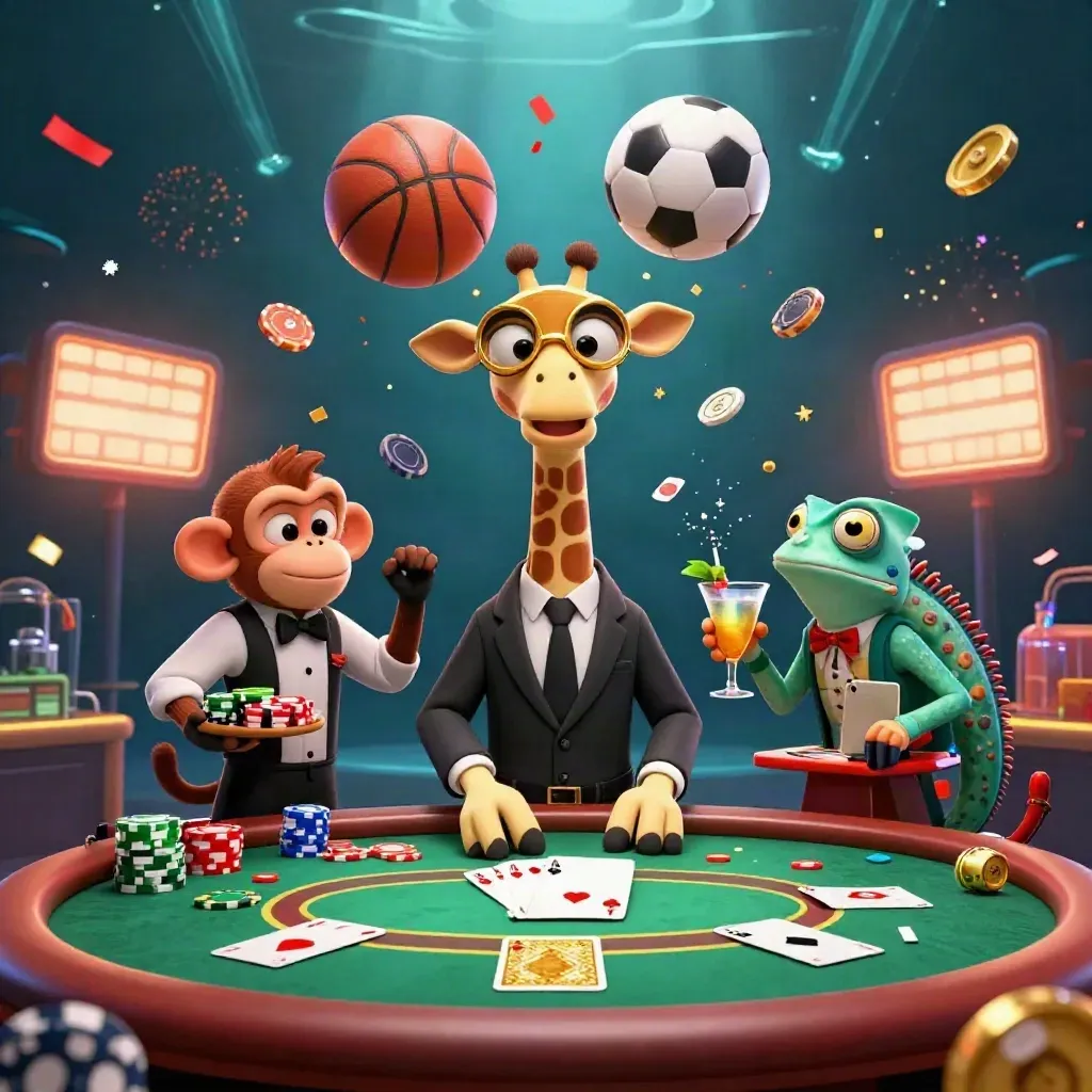 Giraffe, monyet, dan bunglon kasino di meja poker, bola dan chip meledak dalam cahaya neon.