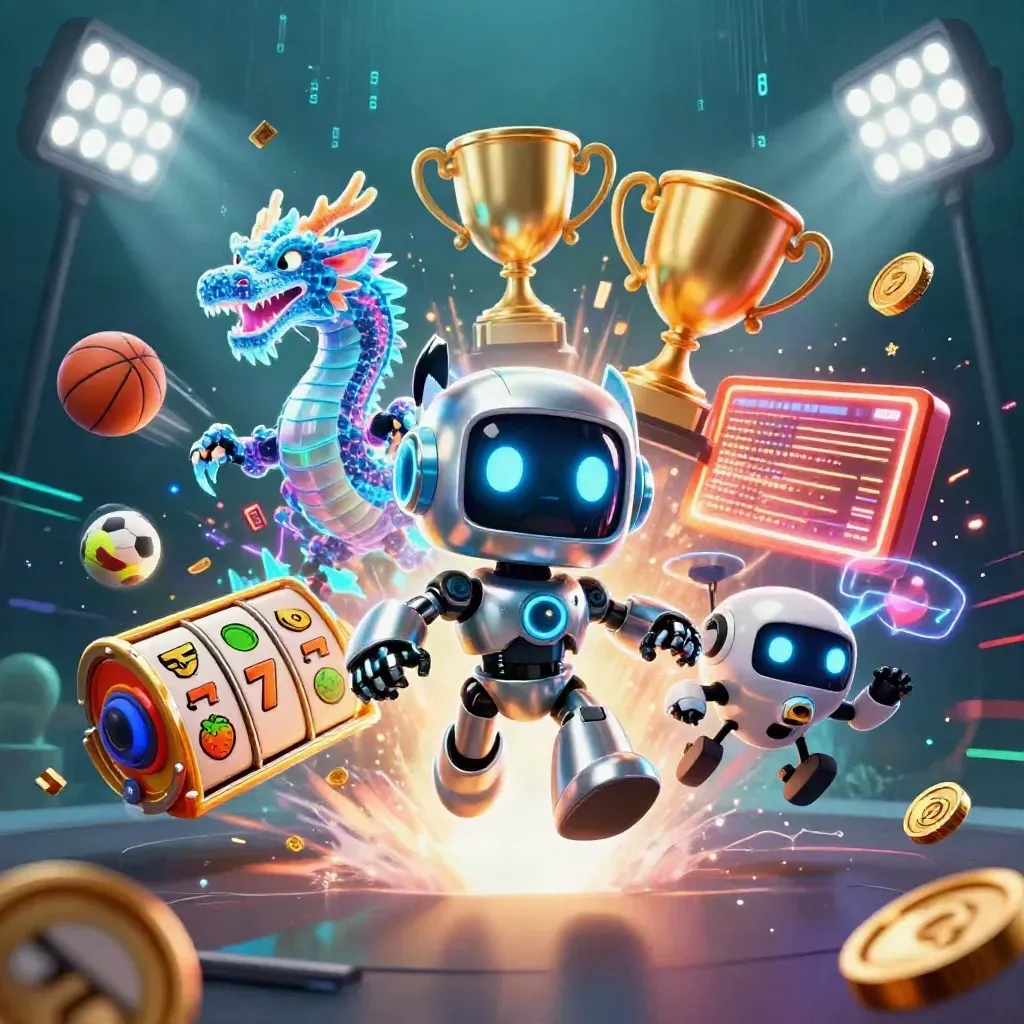Robot cyberpunk, naga holografik, dan drone emas di lautan neon dengan koin dan cahaya dramatis.