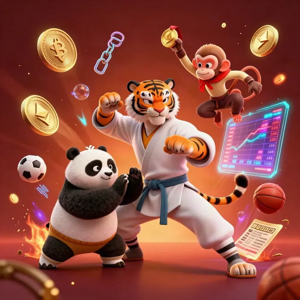 Harimau kung-fu, panda, dan monyet di adegan bola, koin kripto, dan efek neon.