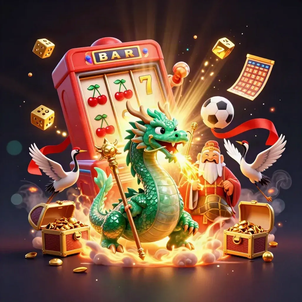 Naga hijau, kura bijak, bangau, bola, dan mesin slot meledak di latar neon gelap.