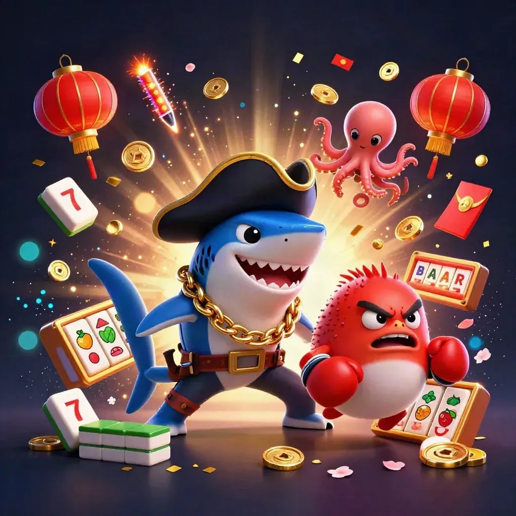Kapten hiu bajak laut, ikan buntal, dan bayi gurita dikelilingi koin emas dan efek neon.