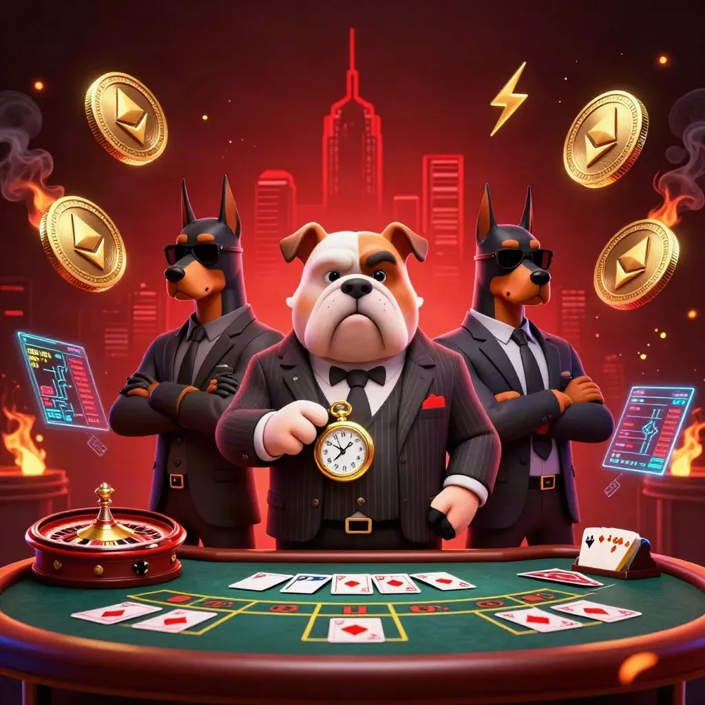 Bulldog bos mafia dan dua Doberman di kasino neon dengan koin kripto dan efek cahaya.