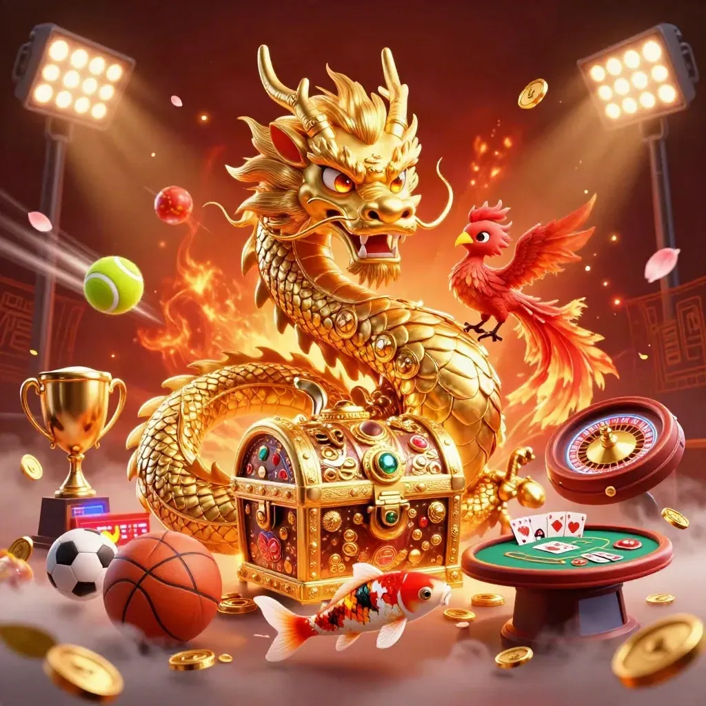 Naga emas mengelilingi peti harta, phoenix merah, koi, bola olahraga, koin, dan cahaya kasino mewah.
