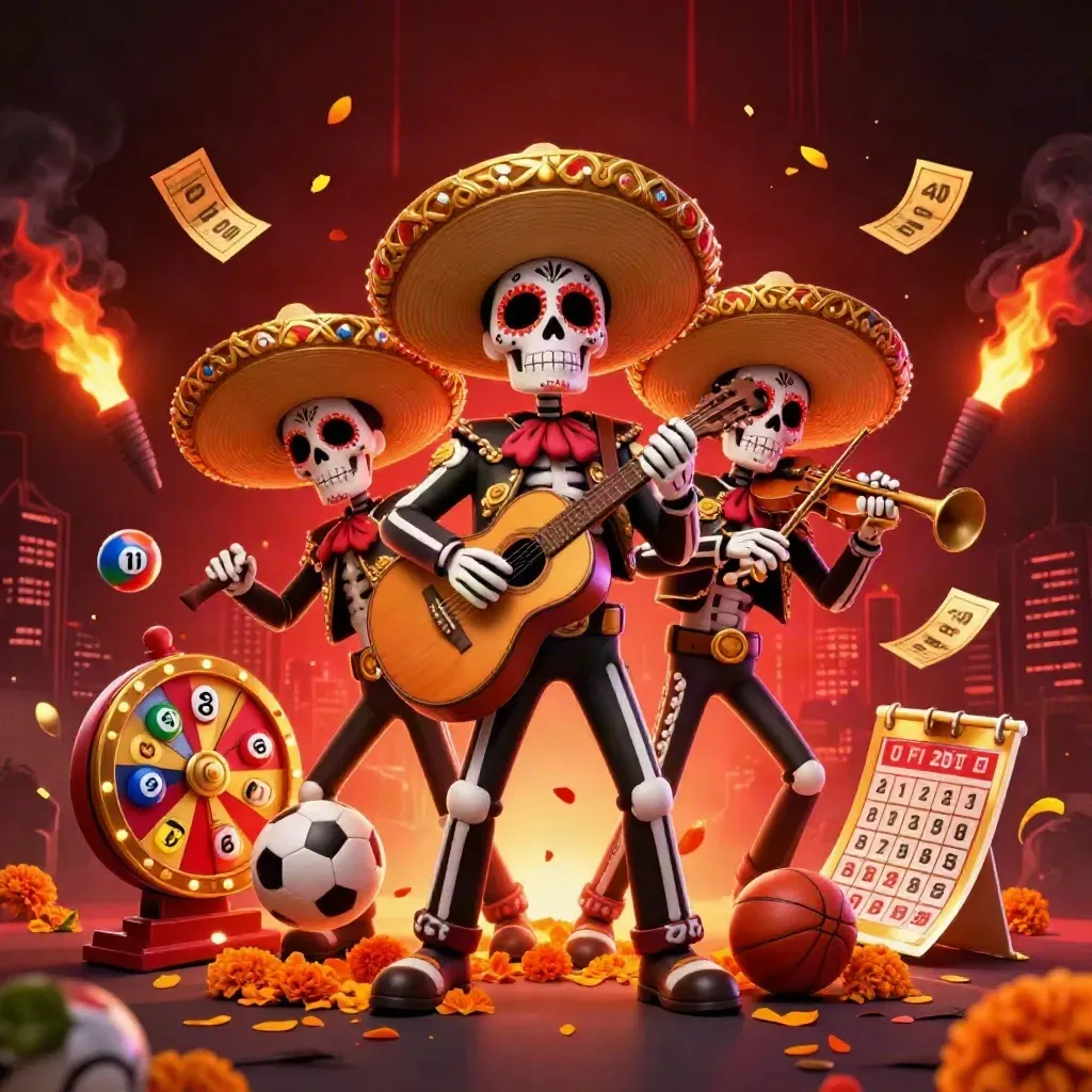 Tiga skeleton mariachi neon dikelilingi bola lotre, roda hadiah, dan cahaya kasino.