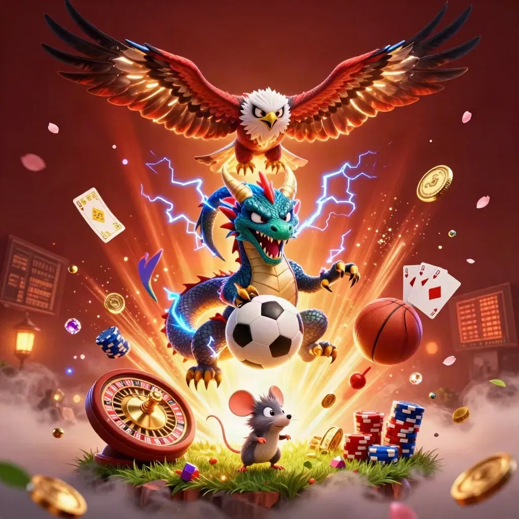 Naga petir, elang, dan tikus listrik di tengah bola, koin, dan efek kasino neon.