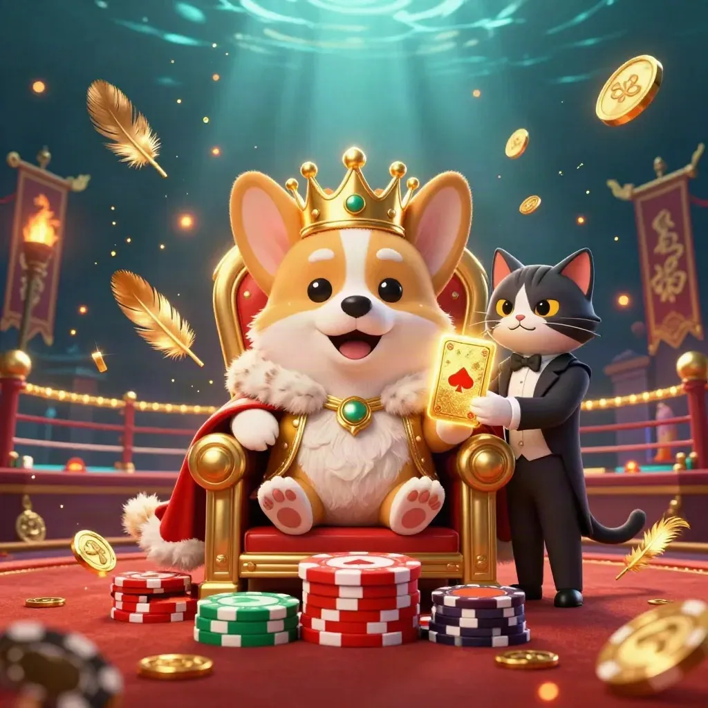 Kucing pelayan dan corgi kerajaan di singgasana koin, nuansa kasino emas-neon