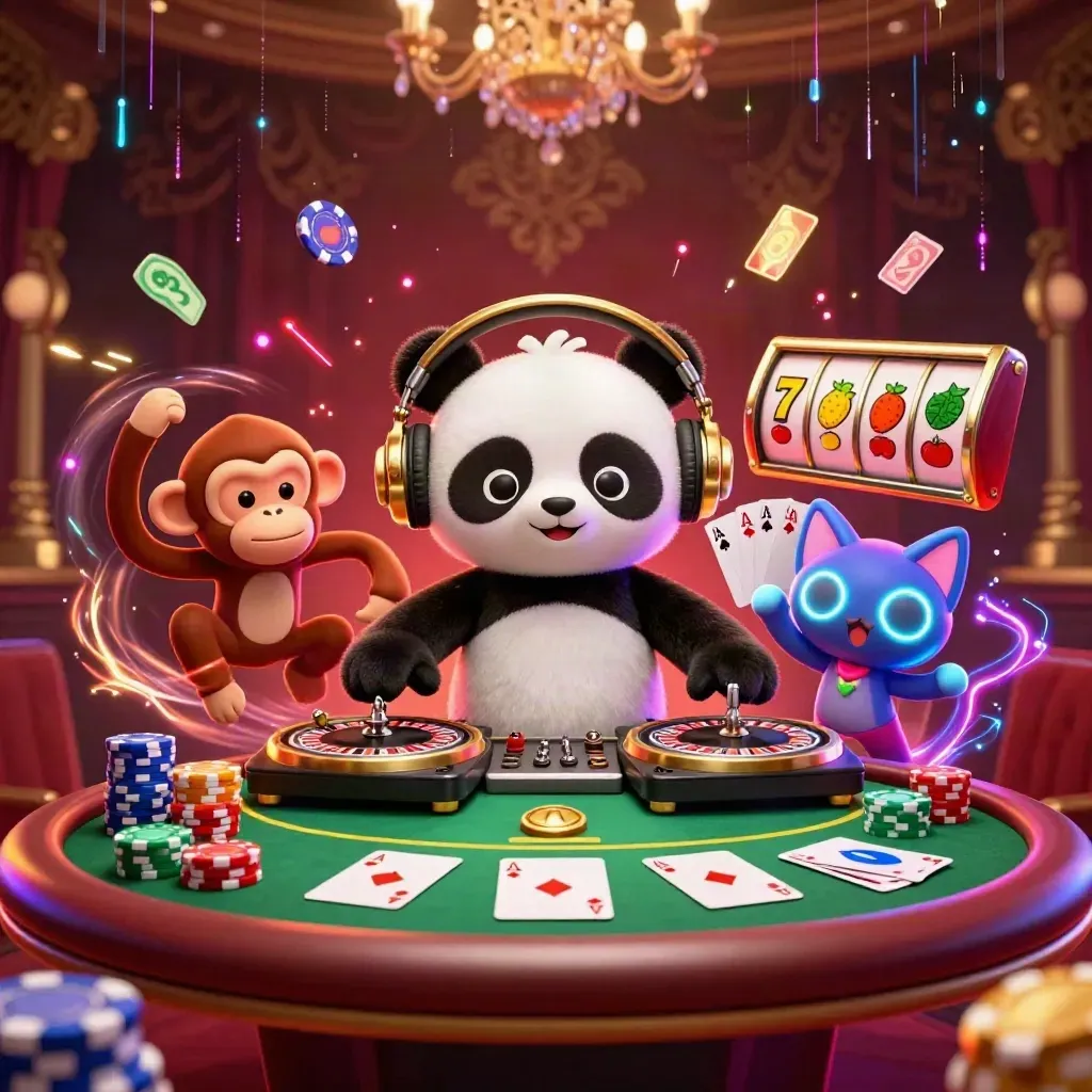 Panda DJ, monyet breakdance, dan anak kucing rave di pesta kasino neon emas.