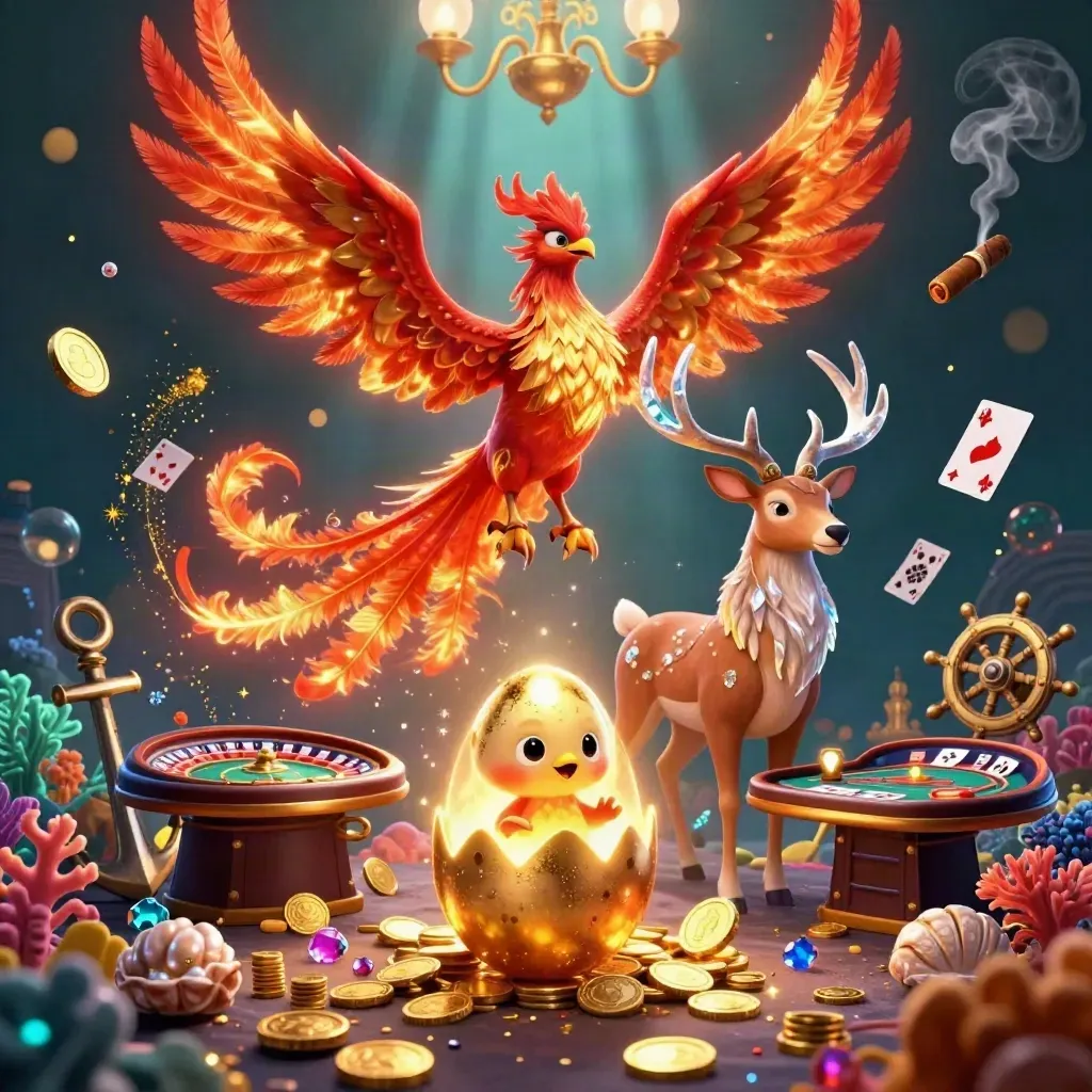Phoenix, rusa kristal, dan bayi phoenix di bawah lampu kasino emas dalam suasana bawah laut mewah.