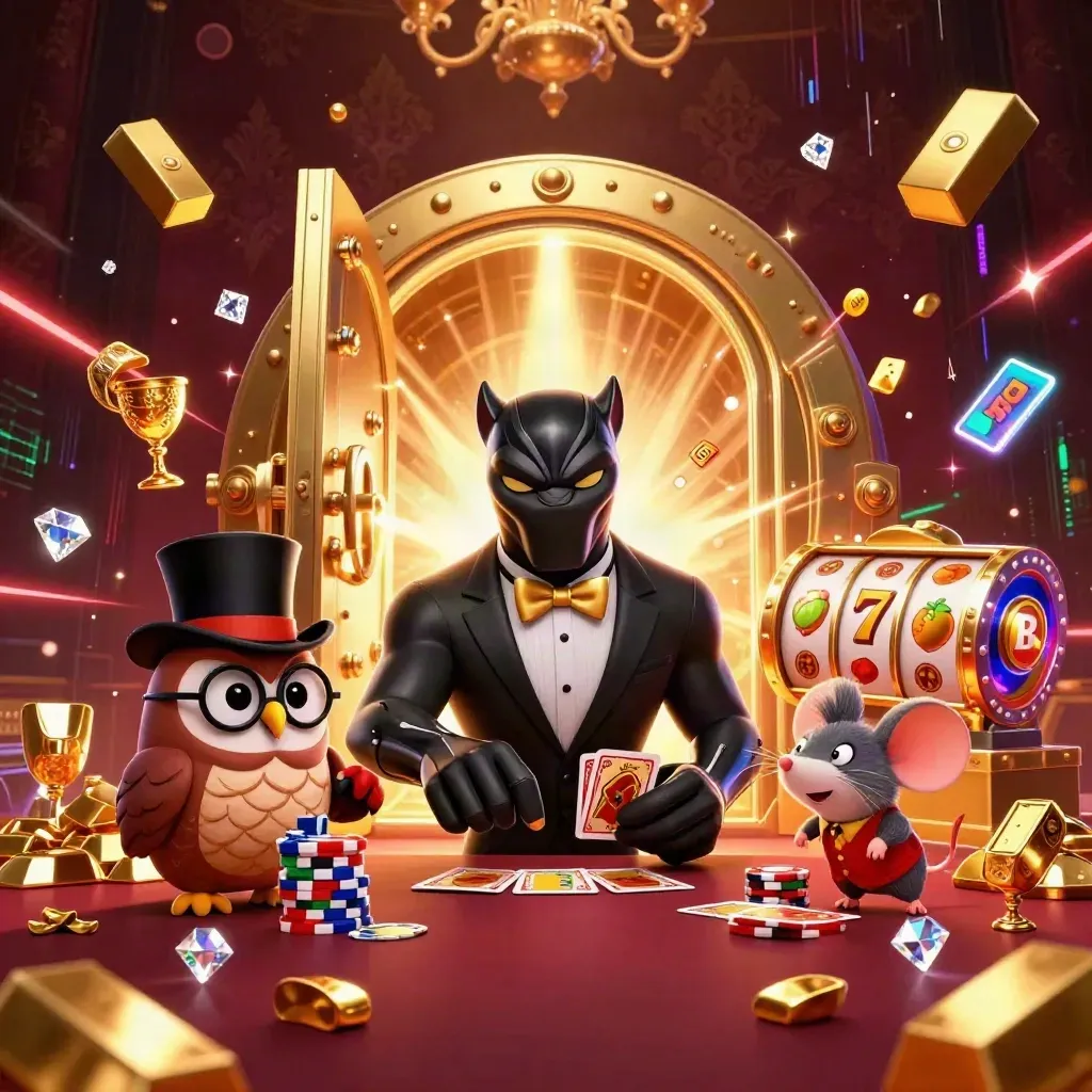 Panther tuxedo, burung hantu, dan tikus hoki di depan brankas emas meledak cahaya neon merah.