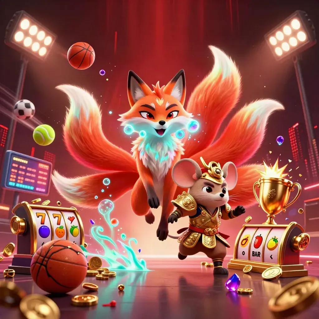 Rubah roh sembilan ekor dan tikus samurai emas dikelilingi bola, koin, trofi, dan kilau merah neon.