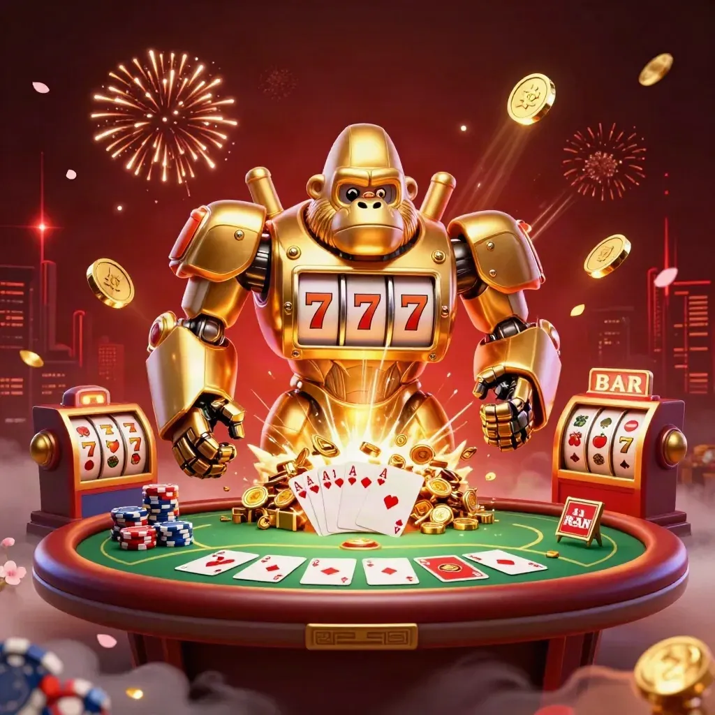 Gorila mech emas dengan monyet pilot, kartu poker, koin, efek neon kasino mewah.