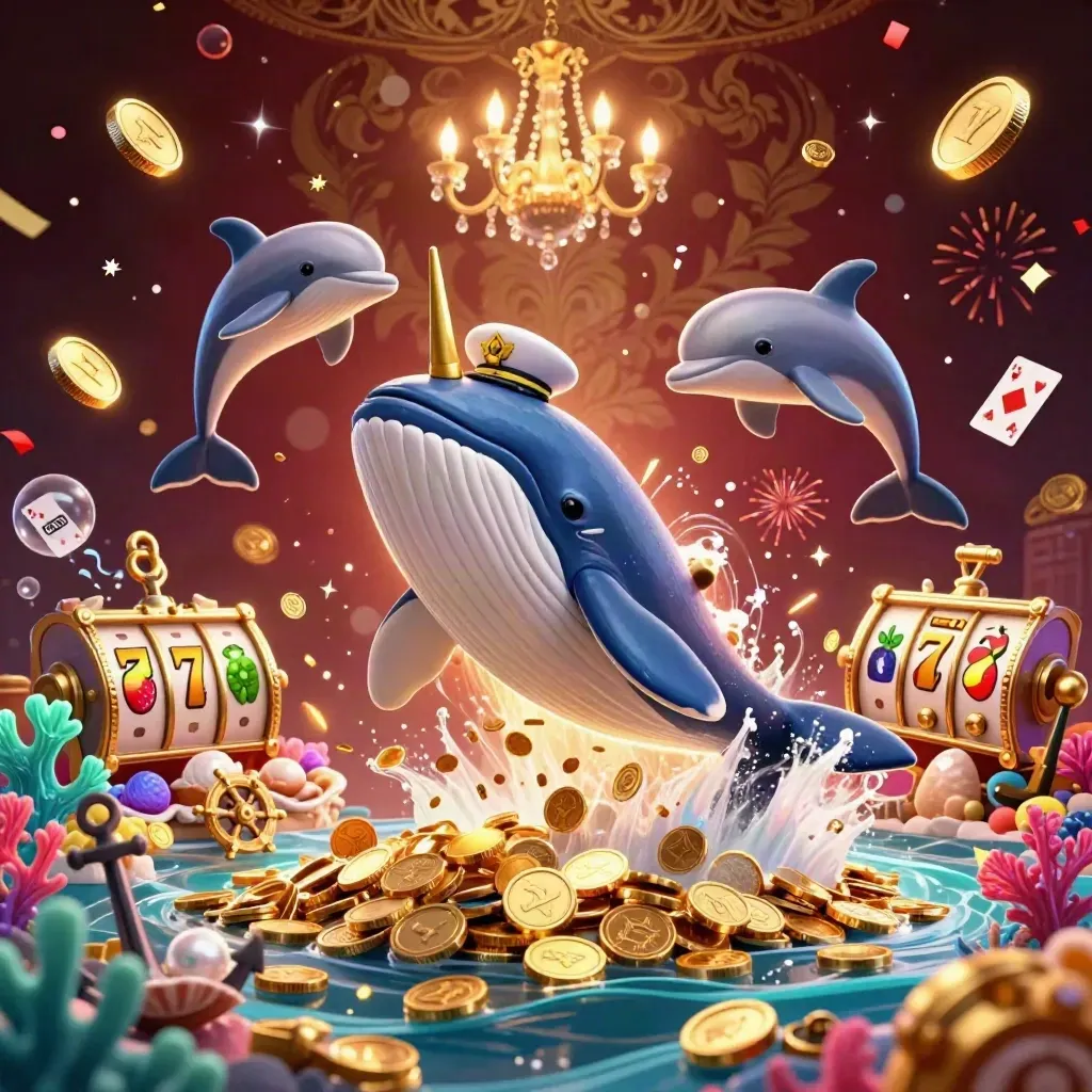 Paus kapten kartun, narwhal, lumba-lumba, koin emas, efek kilau, dan suasana bonus kasino mewah.