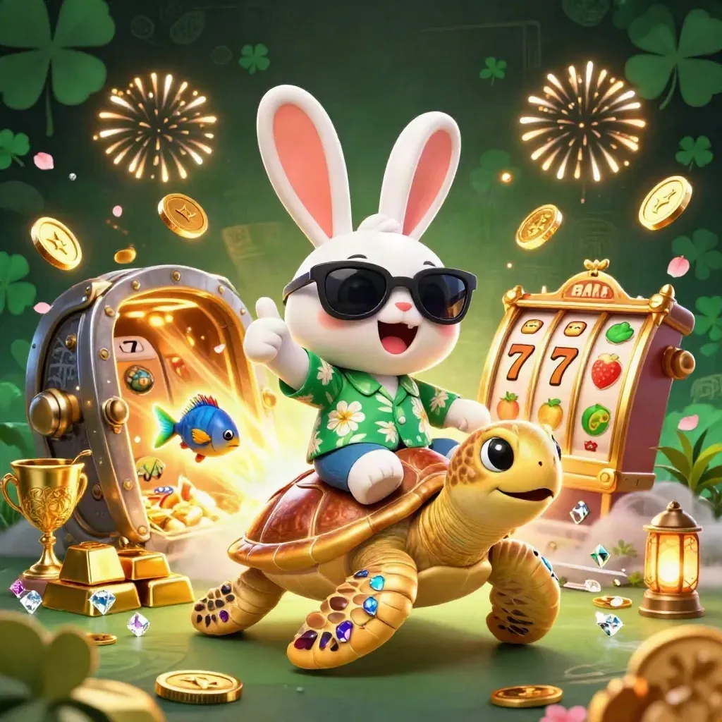 Kelinci kartun di kura-kura emas, vault terbuka, koin dan bonus meledak meriah.