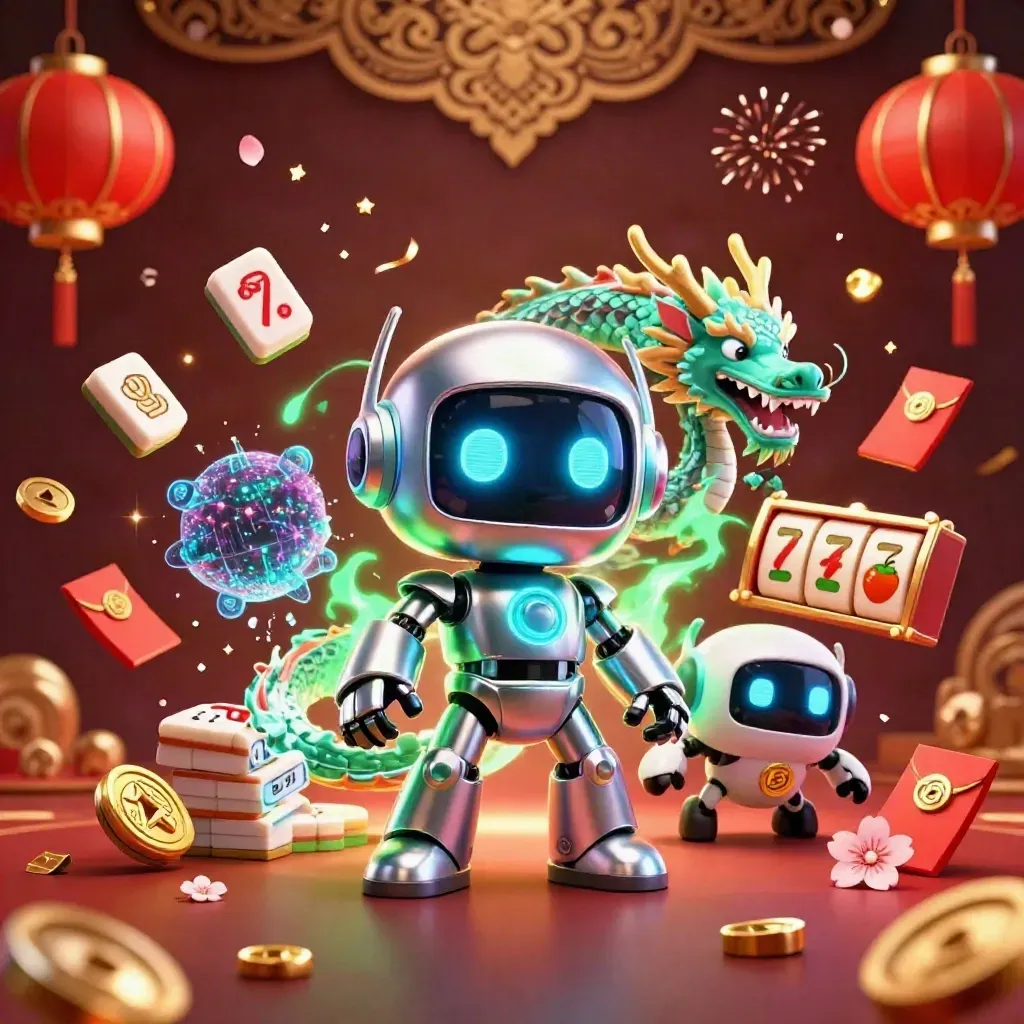 Robot cyberpunk, naga hologram, dan drone koin di tengah efek slot neon.