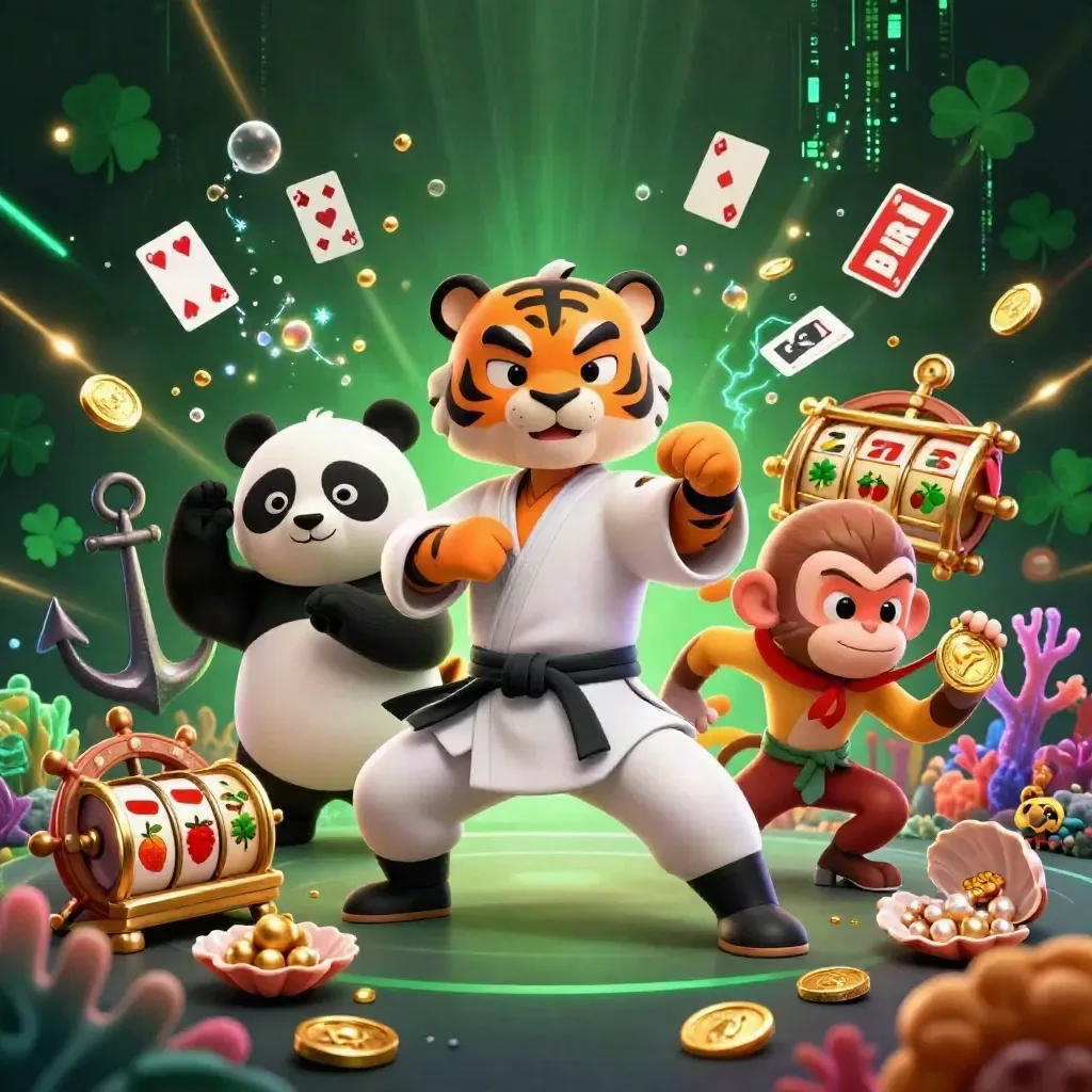 Macan kung-fu, panda, dan monyet di cove harta karun neon hijau-emas, efek slot.