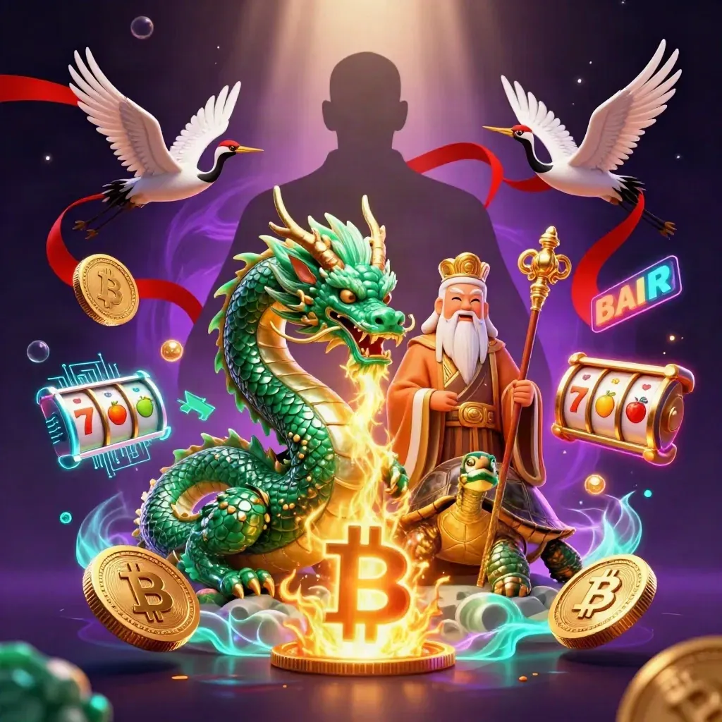Naga giok, kura bijak, dan sepasang bangau dikelilingi koin kripto, petir, dan slot neon.