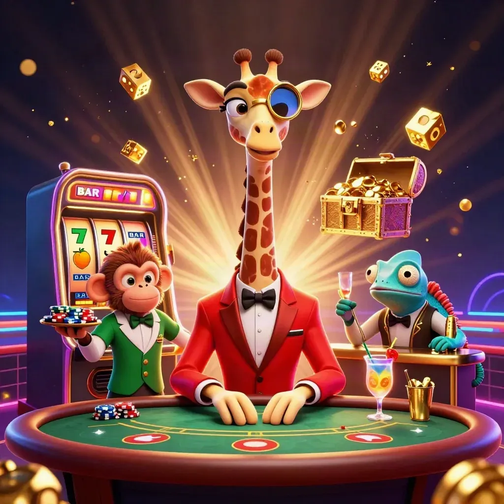 Giraffe kasino, monyet valet, dan bunglon bartender di meja poker, dikelilingi slot dan koin emas.