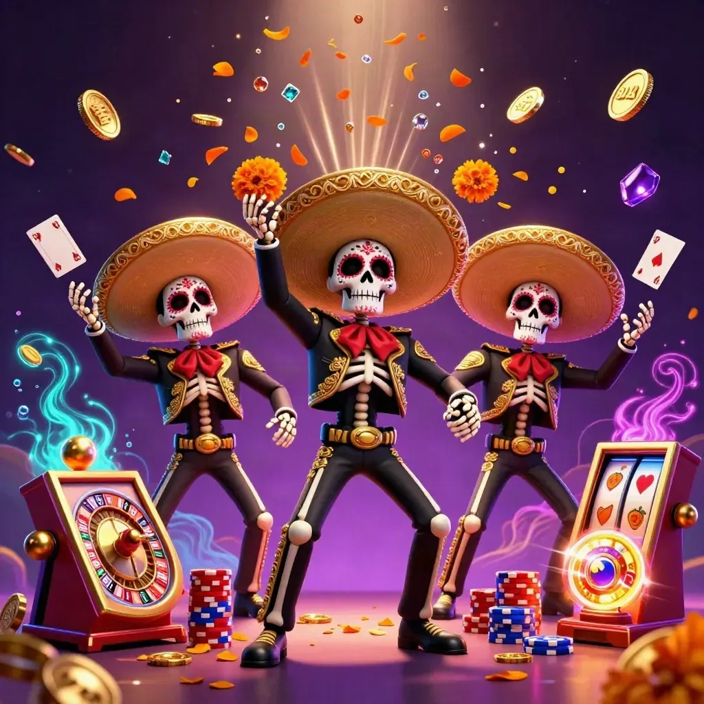 Trio tengkorak mariachi bersinar dikelilingi koin, kartu, roda roulette, dan simbol slot neon.