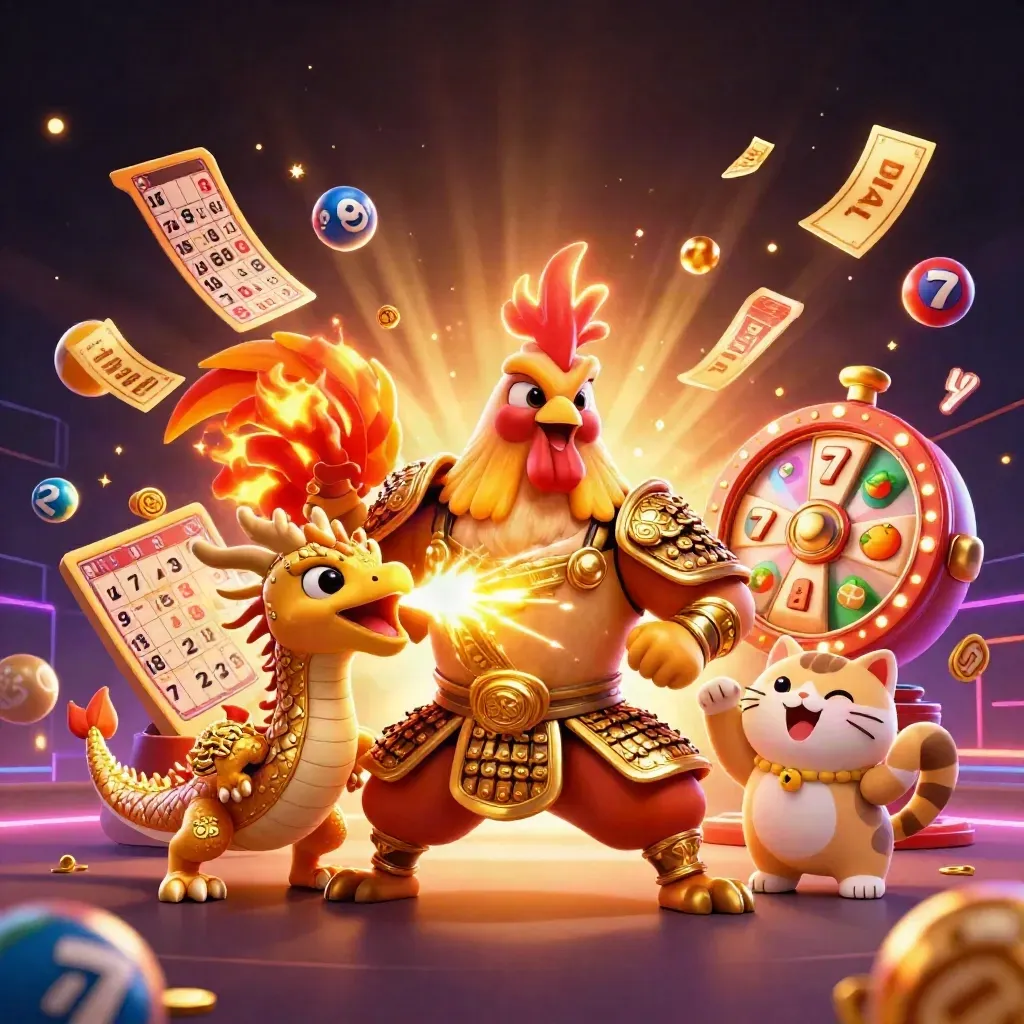 Ayam samurai, naga kecil, dan kucing keberuntungan dikelilingi simbol slot neon emas.