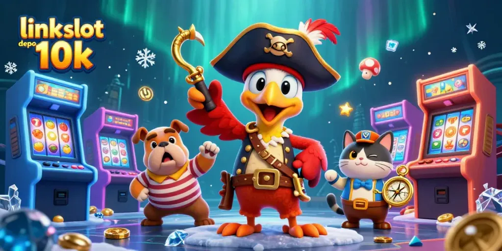 Play link slot depo 10k surrounded by a cartoon pirate captain, bulldog, and cat with casino elements.