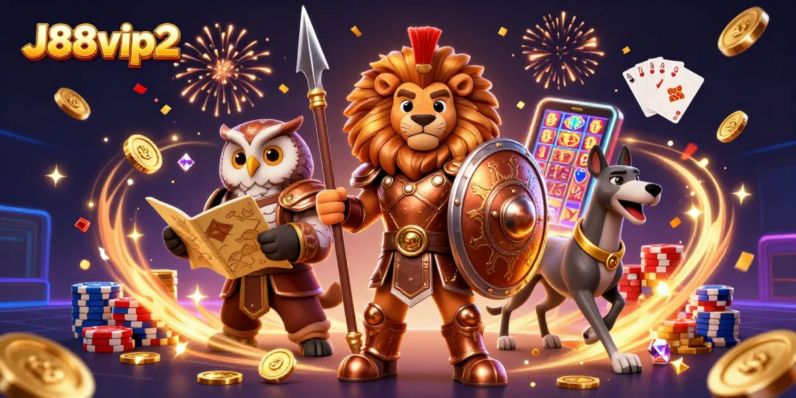 Engage with J88vip2 as the heroic Spartan lion leads a vibrant casino scene, winning with strategy.